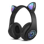 Bluetooth kulak üstü kulaklık, siyah, Sendowtek kız çocuk kedi kulağı kulaklık, RGB ışık, katlanabilir stereo kablosuz kulaklık, çocuklar için, teleskopik mikrofon, gürültü azaltmalı, dizüstü bilgisayar/PC/TV için