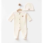 Blumi Kids Papatya Nakışlı Organik Patikli Tulum & Bere - Krem - 6 Ay