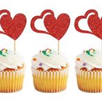 Blumomon 24 adet Sevgililer Günü Kalp Cupcake Toppers Kırmızı Parıltılı Çift Katmanlı 3D Aşk Cupcake Picks Sevgililer Günü Teması Düğün Gelin Duşu Doğum Günü Partisi Pasta Dekorasyon Aksesuarları