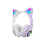 BLUPPLE Kablosuz Bluetooth 5.0 Led Işıklı Kedili Şık Kulaklık Hediye Kız Kadın Wireless Lila