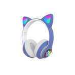 BLUPPLE Kablosuz Bluetooth 5.0 Led Işıklı Sevimli Kedili Tasarım Kulaklık Mavi Renk Çocuk Kedi