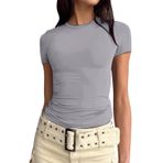 Bluz kadın seksi kısa kollu alt değiştirme üst yaz tişört yuvarlak yaka Crop Top Y2K Slim Fit üst parça kadın gömlek bluz tek renkli sweatshirt yazlık tişörtler moda bluz tişört sokak giyimi, Gri, L