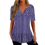 Bluz, kadın, yazlık, kısa kollu tişört, moda, baskılı, uzun bluz, tunik üst, şık, V yaka, düğmeli, slim fit, uzun tişört, parti tişörtü, üst giyim, A-lila, M