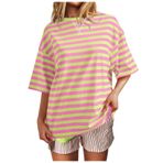 Bluz tişört, kadın, kısa kollu, yuvarlak yaka, tişört, çizgili, tunik, bluz, moda, ilkbahar, yaz, kadın bluzu, büyük beden, kadın gömleği, gündelik, bol üst giyim, yaz tişörtleri, Pembe #1, L