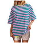 Bluz tişört, kadın, kısa kollu, yuvarlak yaka, tişört, çizgili, tunik, bluz, moda, ilkbahar, yaz, kadın bluzu, büyük beden, kadın gömleği, gündelik, bol üst giyim, yaz tişörtleri, Sıcak Pembe #1, L