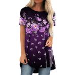 Bluz uzun kadın zarif çiçek baskılı tişört, yazlık, kısa kollu üst, rahat, tunik üst, gömlek bluz, retro, kısa kollu tişört, genç tişörtü, hafif, rahat, Lila-b, 4XL