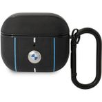 BMW Airpod 3.nesil Uyumlu Pu Deri Mavi Beyaz Çizgili Metal Logolu Kılıf Siyah