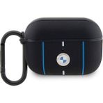 BMW Airpod Pro 2 Uyumlu Pu Deri Mavi Beyaz Çizgili Metal Logolu Kılıf Siyah