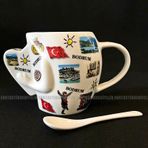 Bodrum Ege Yöresel Desenli Kaşıklı Porselen Kalpli Bardak Kupa