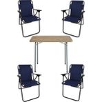 Bofigo 60X80 Çam Desenli Katlanır Masa + 4 Adet Katlanır Sandalye Kamp Seti Bahçe Takımı Lacivert - Polyester