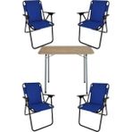 Bofigo 60X80 Çam Desenli Katlanır Masa + 4 Adet Katlanır Sandalye Kamp Seti Bahçe Takımı Mavi - Polyester