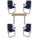 Bofigo 60x80 cm Çam Desenli Katlanır Masa + Katlanır Lacivert 4 Adet Sandalye Kamp Seti