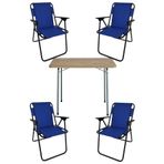Bofigo 60x80 cm Çam Desenli Katlanır Masa + Katlanır Mavi 4 Adet Sandalye Kamp Seti