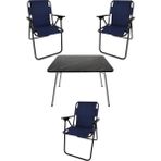 Bofigo 60X80 Granit Desenli Katlanır Masa + 3 Adet Katlanır Sandalye Kamp Seti Bahçe Takımı Lacivert - Polyester