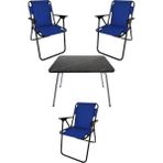 Bofigo 60X80 Granit Desenli Katlanır Masa + 3 Adet Katlanır Sandalye Kamp Seti Bahçe Takımı Mavi - Polyester