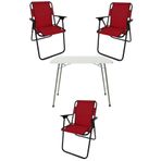 Bofigo Katlanır Beyaz Mermer Desenli 60x80 cm Kamp Masası + Katlanabilir Ahşap Kollu 3 Adet Kırmızı Sandalye Kamp Seti