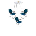 Bofigo Katlanır Beyaz Mermer Desenli 60x80 cm Kamp Masası + Katlanabilir Ahşap Kollu 3 Adet Mavi Sandalye Kamp Seti