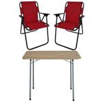 Bofigo Katlanır Çam Desenli 60x80 cm Masa + Katlanır Kırmızı 2 Adet Sandalye Kamp Seti