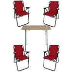 Bofigo Katlanır Çam Desenli 60x80 cm Masa + Katlanır Kırmızı 4 Adet Sandalye Kamp Seti