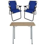 Bofigo Katlanır Çam Desenli 60x80 cm Masa + Katlanır Mavi 2 Adet Sandalye Kamp Seti