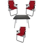 Bofigo Katlanır Granit Desenli 60x80 cm Masa + Katlanır Kırmızı 3 Adet Sandalye Kamp Seti