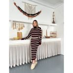 Boğazlı Çizgili Triko Elbise - Bordo - Standart
