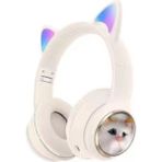 Boğazören Kafa Üstü Beyaz iphone Samsung Uyumlu Kedi Desenli Kablosuz Kulak Üstü Bluetooth Kulaklık