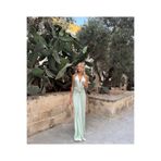 Bohai Design Mint Yeşili V Yaka Gold Aksesuarlı Drapeli Saten Uzun Elbise