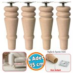 Bohem 15 cm Doğal Ahşap Ayak (4 Adet) Silindir Mobilya Koltuk Kanepe Ayağı Metal Montaj Aparat Keçe