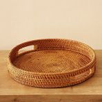 Bohem Rattan Kulplu Yuvarlak Tepsi 35x6 Cm Large, Iskandinav, Modern Kahverengi