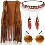 Boho Hippi Kostüm Seti, 60S 70S Kadın Püsküllü Yelek, Saç Bandı, Küpe ve Güneş Gözlüğü, Cosplay için Kolsuz Hippi Aksesuarları, haki, One Size