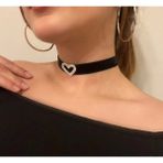 Boho Kadife Kurdeleli Kalpli Kristal Taşlı Choker Tasma Kolye - Gümüş