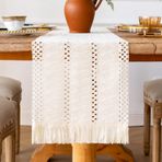 Boho masa örtüsü, 30 x 180 cm, bej, pamuk, keten masa örtüsü, makrome püsküllü, yıkanabilir, masa örtüsü, dış mekan, parti, düğün, mutfak, kır evi tarzı, rustik masa dekorasyonu, vintage