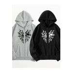 Boi KalpLİ Örümcek Ağ Baskılı Sweatshirt Fermuarlı Hırka - Siyah Gri Oversize Cepli Bol Kesim Kapüşonlu