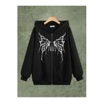 Boi Y2K Kelebek Baskılı Bol Kesim Sweatshirt Fermuarlı Hırka - Siyah Baskılı Oversize Cepli Kapüşonlu