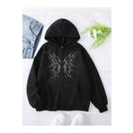 Boi Yıldızlı Kalpli Kelebek Baskılı Sweatshirt Fermuarlı Hırka - Siyah Oversize Cepli Kışlık Kapüşonlu
