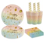 BOKFJBP 80 adet doğum günü partisi yemek takımı seti, gradyan altın balon, çocuklar için tekrar kullanılabilir, kağıt tabak, peçete, bardak, pipet, bebek duşu, düğün, dekorasyon, genç kız için, 16