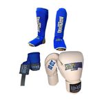 Boks Eldiveni / 3,5 Metre Elastik Bandaj/Kick Boks Kaval ve Ayaküstü Koruyucu Set (8 Oz, Mavi-Beyaz, XL Kaval Ayaküstü)