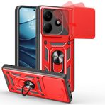 BOKYAS Xiaomi Redmi Note 14 5G için zırhlı kılıf, sürgülü kamera korumalı kapak ve halka ayaklı [araç mıknatısı ile uyumlu cep telefonu kılıfı] askeri darbeye dayanıklı kılıf, kırmızı