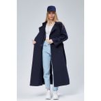 Bolivente Kadın Oversize Kuşaklı Trençkot Lacivert Gömlek Yaka Polyester Rahat Kullanım - 2XL