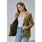Bolivente Koyu Haki Leopar Kolu Katlama Detaylı Regular Vatkalı Blazer Ceket
