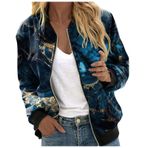 Bomber ceket, kadın, çiçekli, kısa bluz, mevsimlik ceket, gündelik, pilot ceketi, fermuarlı, dış giyim, kolej ceketi, hafif mont, sweat ceket, pilot ceketi, C-koyu mavi, S