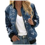Bomber ceket, kadın, çiçekli, kısa bluz, mevsimlik ceket, gündelik, pilot ceketi, fermuarlı, dış giyim, kolej ceketi, hafif mont, sweat ceket, pilot ceketi, Deniz mavisi., XL