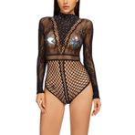 Bommi Fairy Kadın Body Sexy Sheer Mesh Pullu Uzun Kollu Bodysuit Bluz Üst Dantelli Yuvarlak Yaka Üst Parçalar Babydoll İç Çamaşırı Jumpsuit Bodysuit Tek Parça Teddy, Siyah, XS-XXL