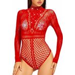 Bommi Fairy Kadın Body Sexy Sheer Mesh Pullu Uzun Kollu Bodysuit Bluz Üst Uç Yuvarlak Yaka Üst Parçalar Babydoll İç Giyim Jumpsuit Bodysuit Tek parça Teddy, Kırmızı, XS-XXL