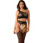Bommi Fairy Kadın çapraz çizgili takım seksi karın açık kıyafet iç çamaşırı üst + pantolon askısı iç çamaşırı seti balık ağı vücut külotlu çorap, Siyah, XS-XXL