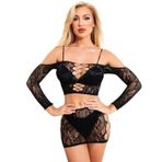 Bommi Fairy Kadın seksi iç çamaşırı balık ağı Babydoll Bodysuit mini elbise seti çekici iç çamaşır file külotlu çorap Bodystockings dantel tulum uzun kollu açık ağda içi boş siyah, Siyah, S-XXL