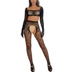 Bommi Fairy Kadın Seksi İç Çamaşırı Seti, Baştan Çıkarıcı Kıyafet, Şeffaf Uzun Kollu Eldiven Üst + File Külotlu Çorap, Büyük Beden Bodysuit (Siyah)