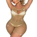 Bommi Fairy Kadın Seksi Suni Elmas Balık Ağı Şeffaf Dantel Mini Elbise Tulum Clubwear Kesilmiş Bodysuit Askılar Yuvarlak Yaka, Kayısı, XS-XXL