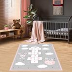 Bona Fortuna Eğitici Seksek Oyunlu Animal Desen Dijital Baskı Yıkanabilir Kaymaz Taban Çocuk Odası Halısı - 100 x 200 cm - Gri